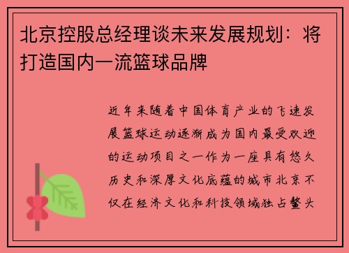 北京控股总经理谈未来发展规划：将打造国内一流篮球品牌