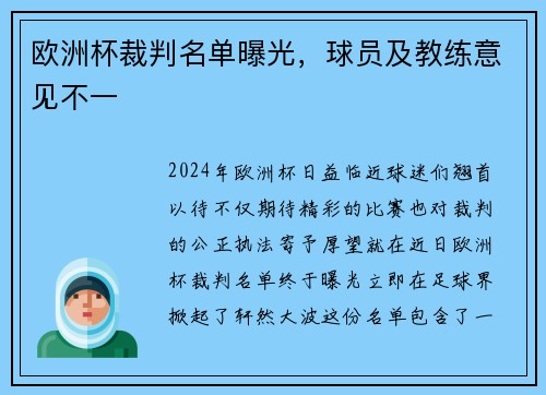 欧洲杯裁判名单曝光，球员及教练意见不一