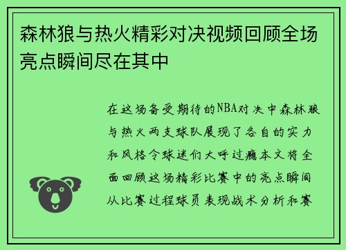 森林狼与热火精彩对决视频回顾全场亮点瞬间尽在其中