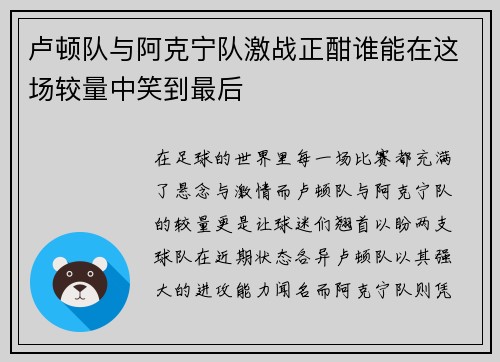 卢顿队与阿克宁队激战正酣谁能在这场较量中笑到最后