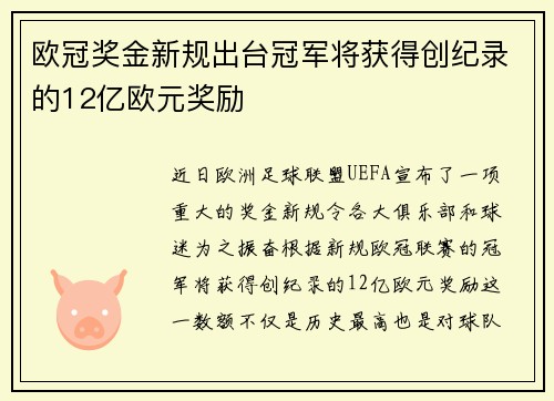 欧冠奖金新规出台冠军将获得创纪录的12亿欧元奖励