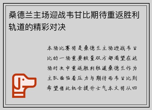 桑德兰主场迎战韦甘比期待重返胜利轨道的精彩对决