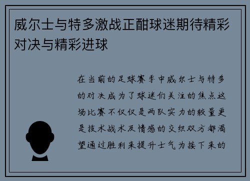 威尔士与特多激战正酣球迷期待精彩对决与精彩进球