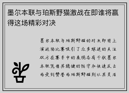 墨尔本联与珀斯野猫激战在即谁将赢得这场精彩对决