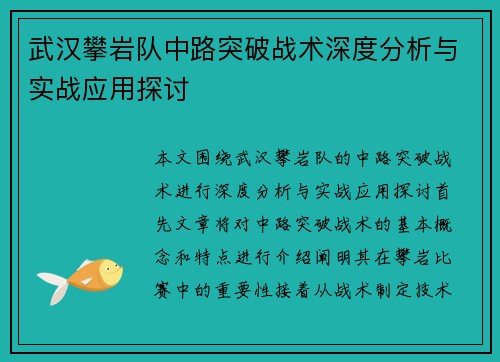 武汉攀岩队中路突破战术深度分析与实战应用探讨