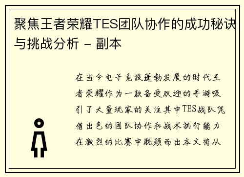 聚焦王者荣耀TES团队协作的成功秘诀与挑战分析 - 副本