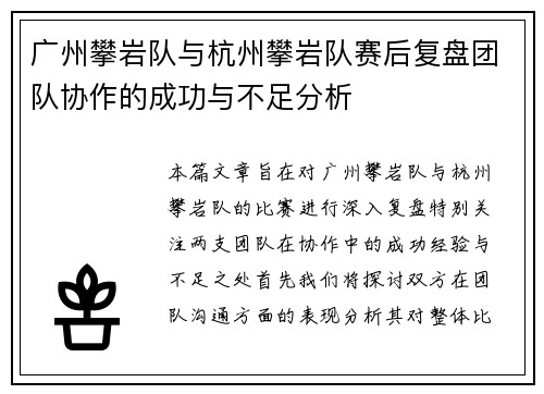 广州攀岩队与杭州攀岩队赛后复盘团队协作的成功与不足分析
